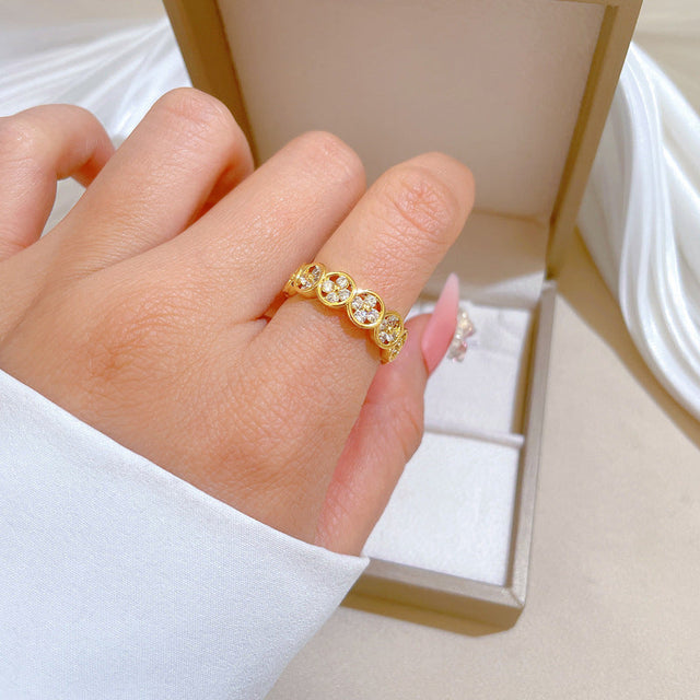 Cartoon Style Clover-Shaped Gold-Plated Brass Adjustable Ring for Women with Crown Design
