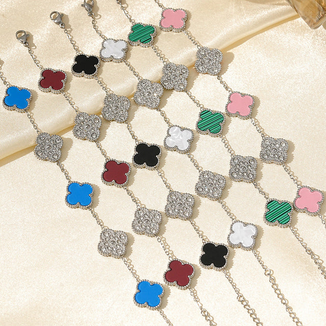 Luxury Style Four-Leaf Clover Bracelet in Titanium Steel with Rhinestone and Shell Inlay for Women
