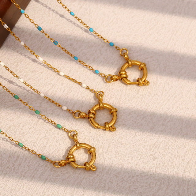 Bohemian Style Geometric Pendant Necklace for Women Stainless Steel with 18K Gold Plating and Enamel Finish