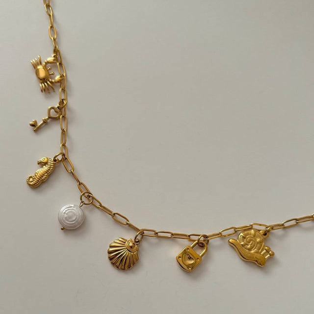 18K Gold Plated Stainless Steel Starfish Conch Shell Charm Bar Necklace Cable Chain Unisex Summer Beach Jewelry