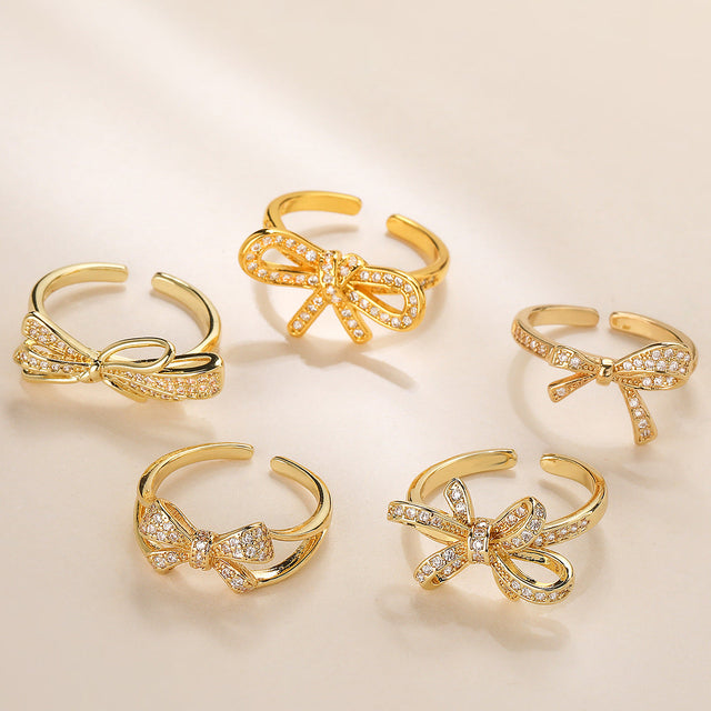 Geometric Bowknot-Shaped Opening Ring for Women in Copper with 18K Gold Plating and Cubic Zirconia Inlay