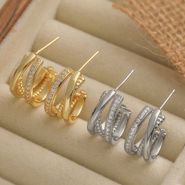 Geometric Earrings for Women in Copper with 18K Gold Plating and Zircon Inlay, Vintage-Inspired Minimalist Fashion Studs