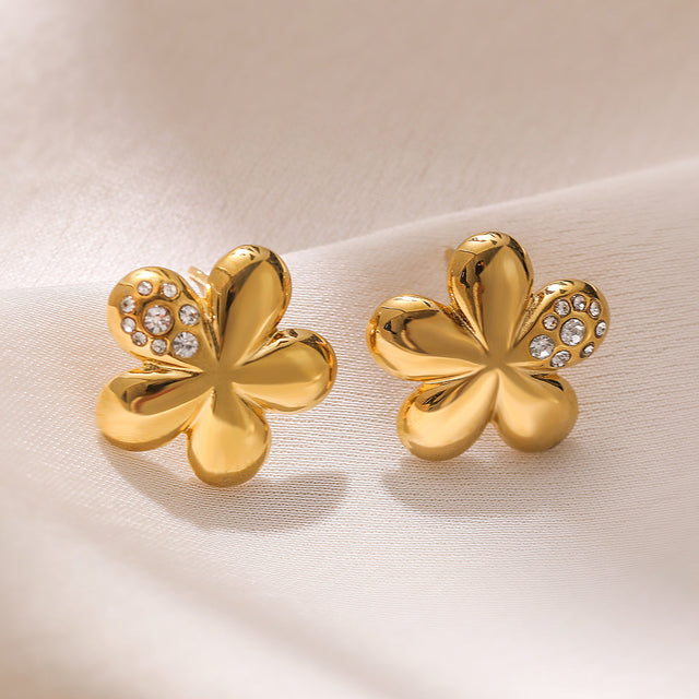 Minimalist Flower-Shaped Stainless Steel Earrings with 18K Gold Plating and Micro-Pave Zirconia for Women