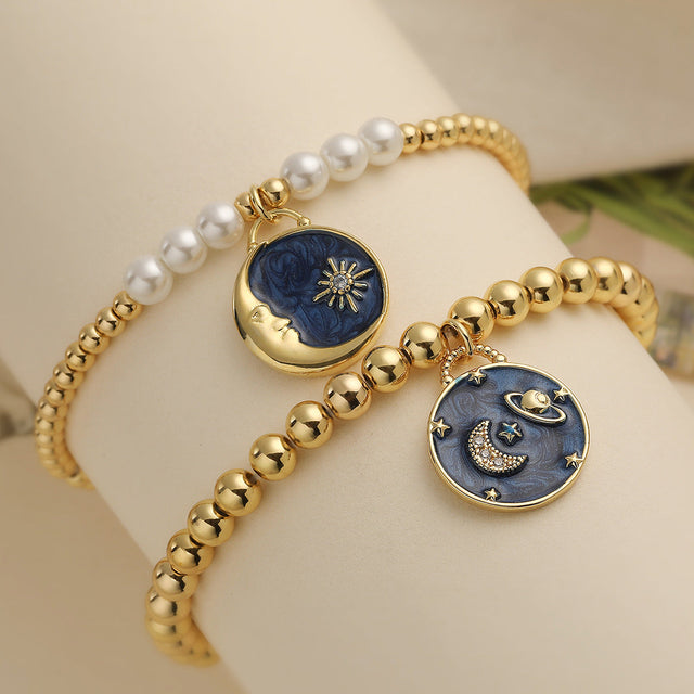Fashion Geometric Sun Moon Drop Oil Zircon 18K Gold Plated Copper Pendant Bracelet for Women