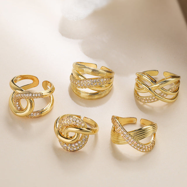 Geometric Bowknot-Shaped Copper Ring with 18K Gold Plating and Zircon Inlay for Women