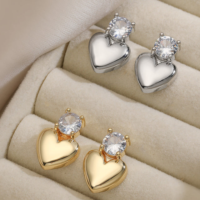 Fashionable Minimalist Heart-Shaped Copper Earrings with 18K Gold Plating and Zircon Inlay for Women