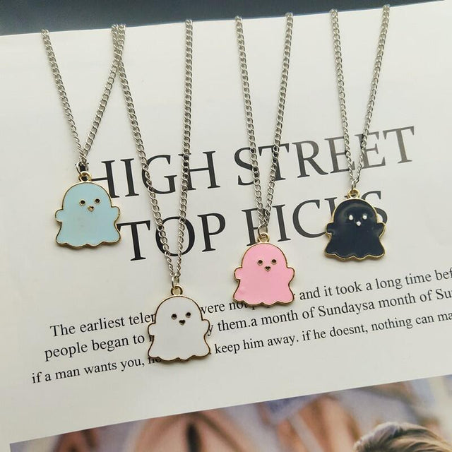 Cartoon Ghost Pendant Necklace in Copper with Electroplated Finish, Black and White Halloween Jewelry for Women
