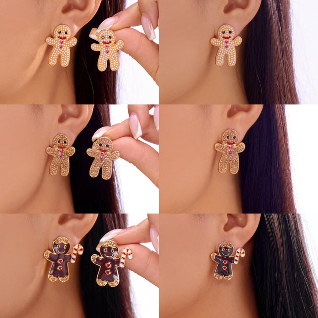 Christmas Gingerbread Man Stud Earrings in Alloy with Rhinestone Inlay, Plated Finish, Sweet and Festive Holiday Style for Women