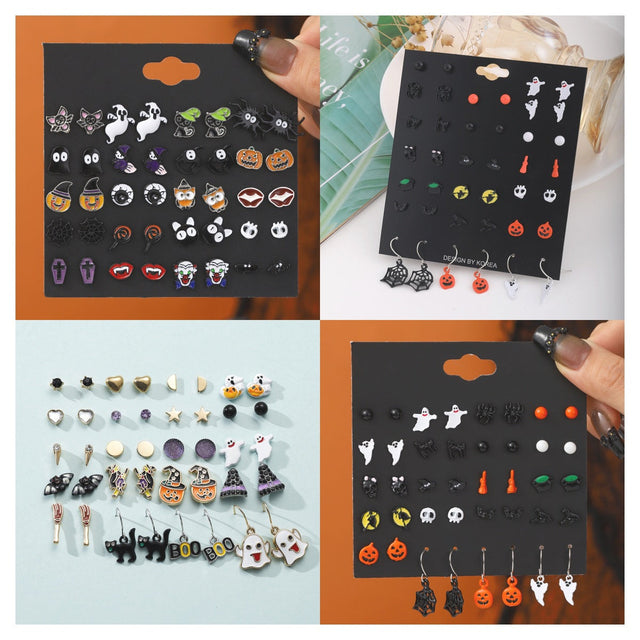 Cartoon Style Ghost Pumpkin Vampire Bat Cat Halloween Stud Earrings Set in Alloy with Stainless Steel Posts