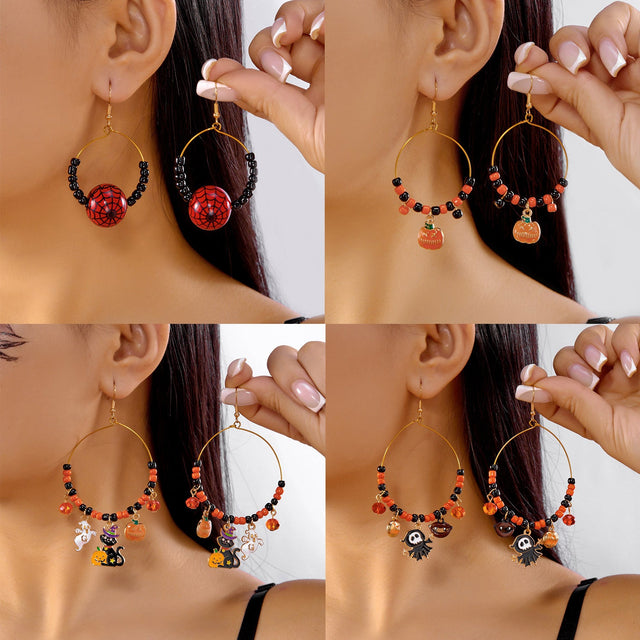 Cute and Playful Halloween Earrings with Pumpkin Ghost Spider Bat and Cat Design in Geometric Shape, Alloy Electroplated for Women