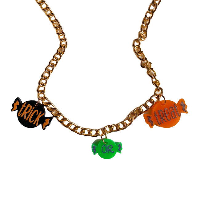 Cute Halloween Acrylic Necklace with Bat Pumpkin Candy Ghost Pendant on Standard Chain
