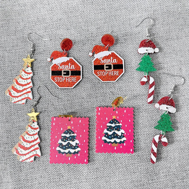 Christmas-Themed Acrylic Earrings with Santa Hat Tree and Snowman Design for Women, Festive Holiday Jewelry