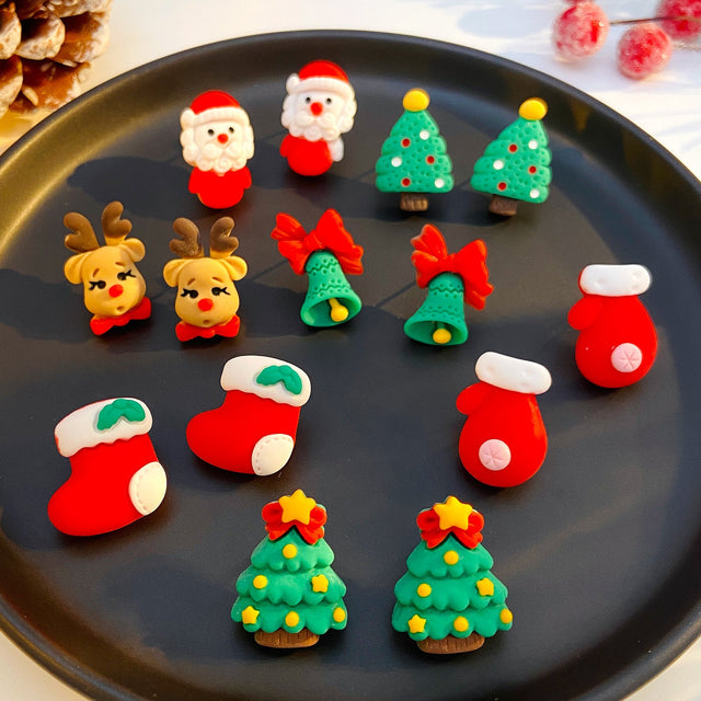 Cartoon Christmas Tree Santa Bell Gloves Boots Reindeer Resin Stud Earrings for Women with Plating Finish
