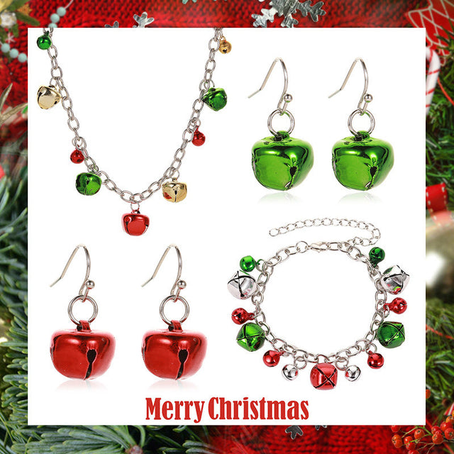 Christmas Bell Necklace Set for Women Alloy Cross Chain Jewelry with Bell Pendant Bracelet Earrings Holiday Accessories