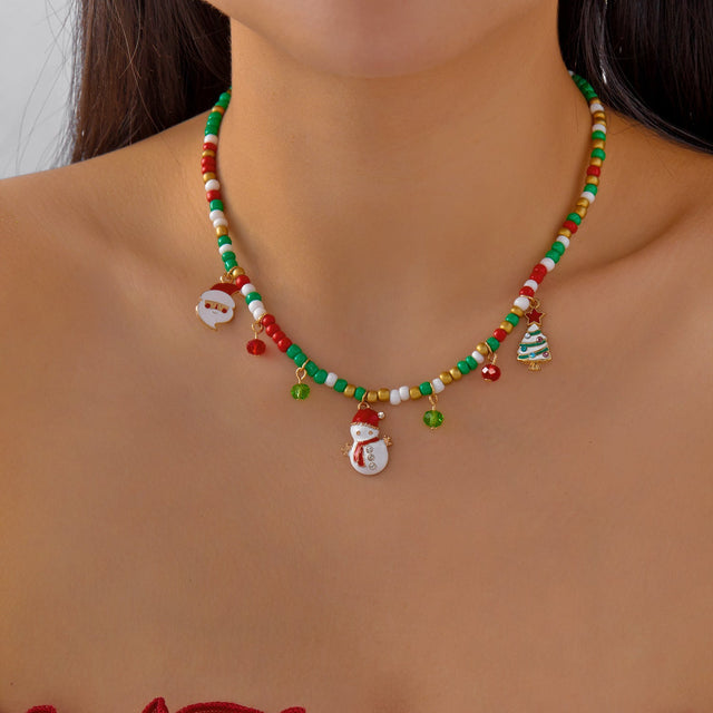 Casual Fashion Christmas Pendant Necklace for Women with Enamel Reindeer Snowman Bell Charms on Standard Chain