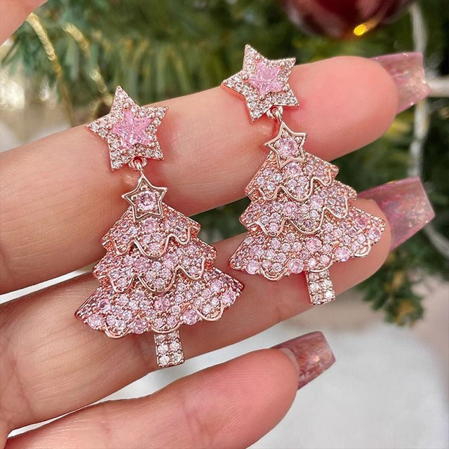 Christmas Tree Shaped Pink Rhinestone Stud Earrings for Women with Zinc Alloy Base and Electroplated Finish