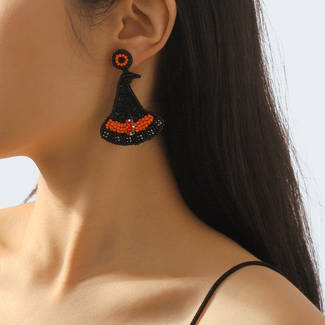 Bohemian Handmade Halloween Costume Earrings with Beads Sequins Rhinestones and Hat Shape Design for Women