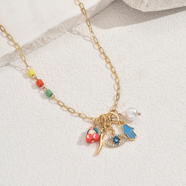 Fashionable Eye-Shaped Enamel Pendant Necklace for Women with Rhinestone Inlay on Copper Chain