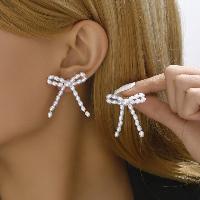 Chic Bow-Knot Pearl Stud Earrings in Stainless Steel with Geometric and U-Shaped Design for Women