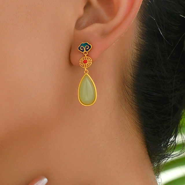 Artistic Retro Geometric Stud Earrings for Women with Enamel Painting and Auspicious Pattern Design in Copper with Stainless Steel Posts