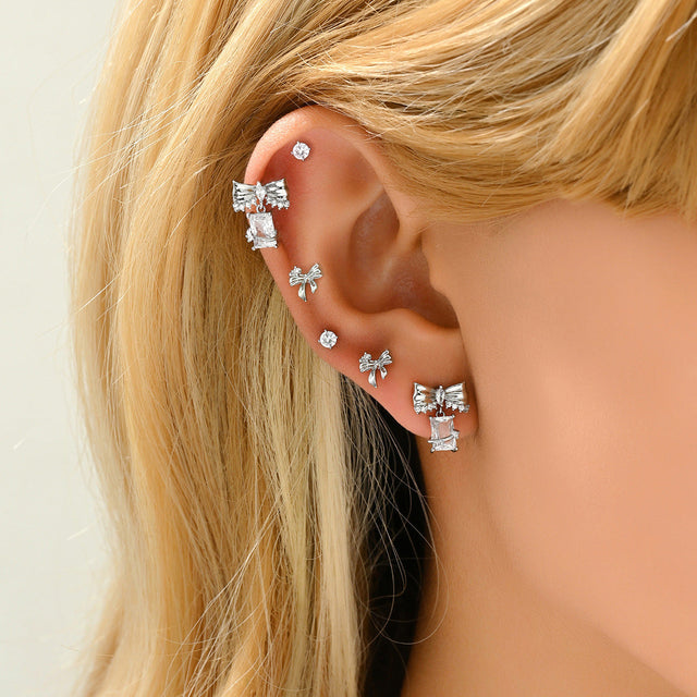 Artistic Vintage Bow-Shaped Earrings for Women with Zircon Inlay in Copper Base and Stainless Steel Posts