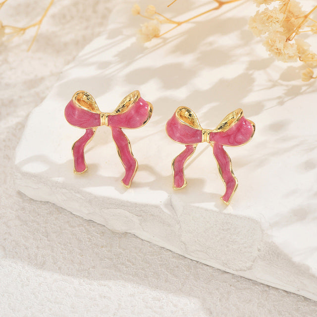 Charmingly Sweet Bow-Shaped Enamel Earrings for Women in Zinc Alloy with Minimalist Elegant Design