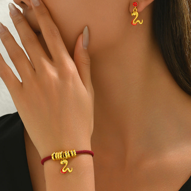 Animal-Themed Snake Design Rhinestone-Embellished Copper Bracelet and Earring Set for Women with Zinc Alloy Pendants