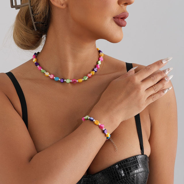 Bohemian Style Geometric Shaped Electroplated Mixed Material Pearl and Shell Pendant Necklace for Women