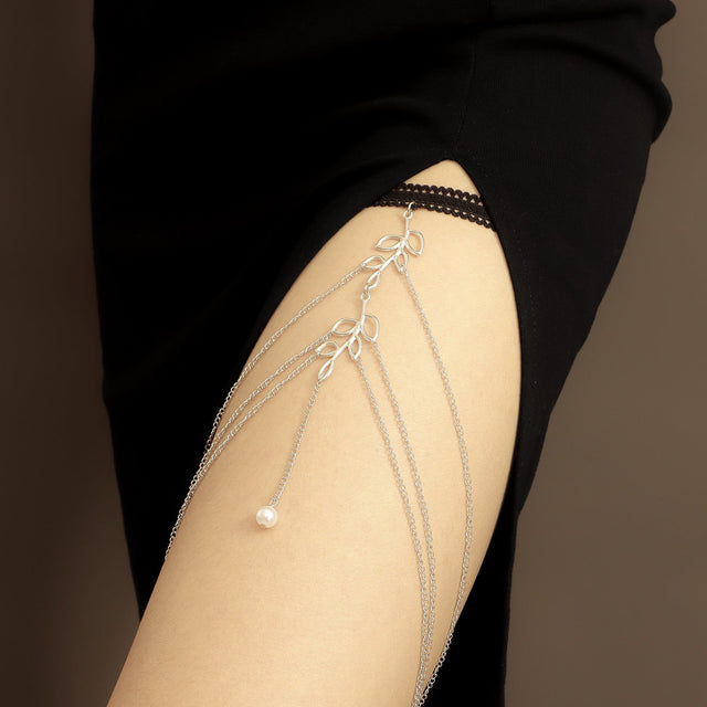 Geometric Hollow Leaf Tassel Pearl Anklet for Women Alloy Body Chain
