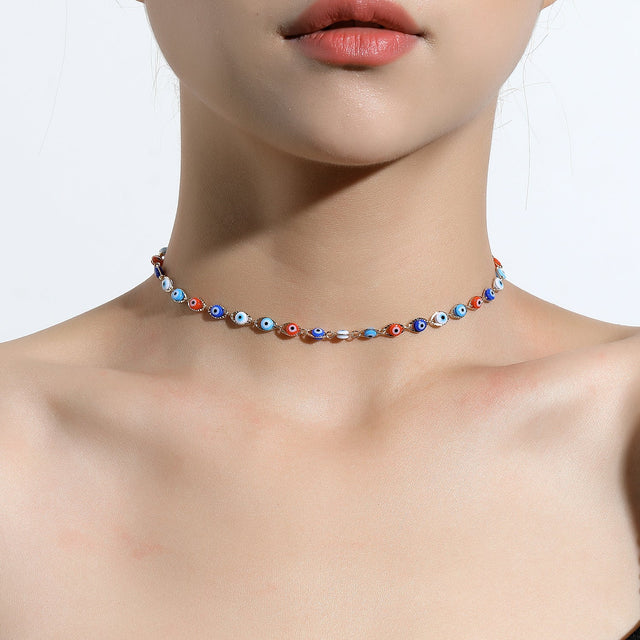 Minimalist Evil Eye Necklace for Women in Alloy with Electroplated Finish and Cross Chain Style