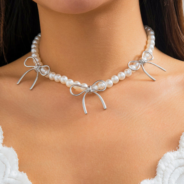 Minimalist Bow Knot Choker Necklace for Women Alloy Geometric Design with Beaded Chain