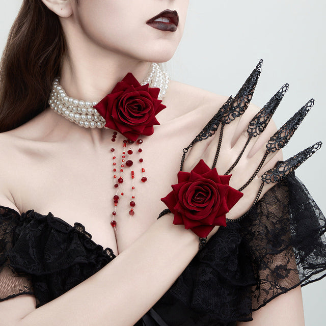 Dark Gothic Multi-Layer Pearl Choker Necklace for Women with Rose Flower Pendant and Tassel Accents