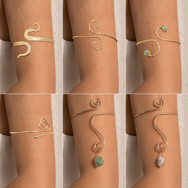 Hip Hop Style Interwoven Spiral Rhinestone Open Bangle Arm Chain with Tassel and Circular Accents