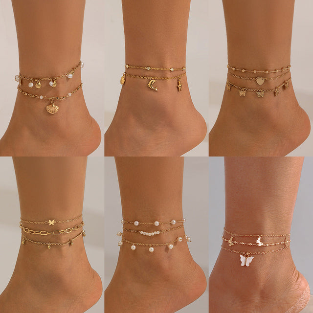 Bohemian Star and Butterfly Shaped Alloy Anklet with Simulated Pearl and Seashell Dolphin Charms Beach Style Foot Jewelry for Women
