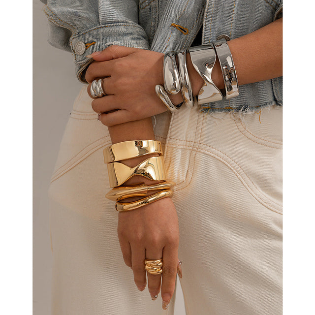 Asymmetrical Bold Glossy Open Cuff Bracelet for Women Alloy Plated Jewelry