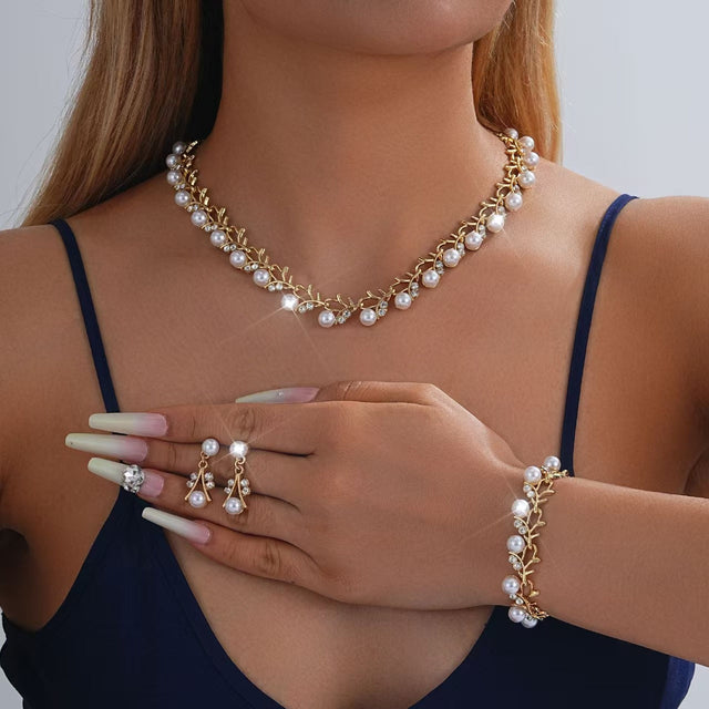 Chanel-Inspired Floral Pearl Necklace Set for Women with Rhinestone Inlay, Wavy Chain, and Matching Earrings and Bracelet