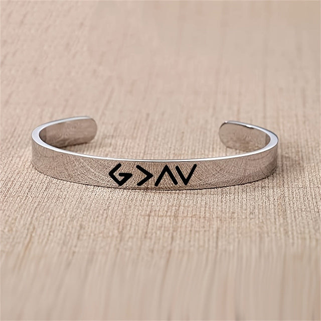 Adjustable C-Shaped Stainless Steel Bracelet with Faith-Inspired 'God Is Greater' Design for Men and Women