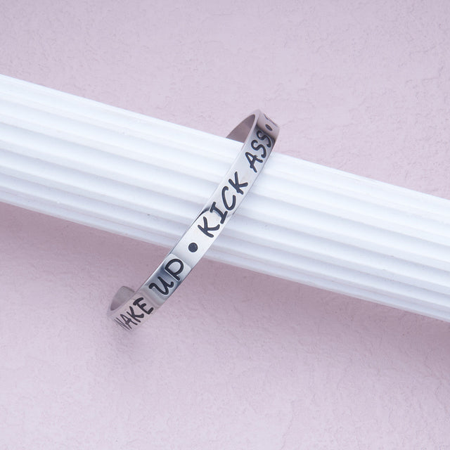 Adjustable C-Shaped Stainless Steel Bracelet with Letter Motif Silver Jewelry for Women