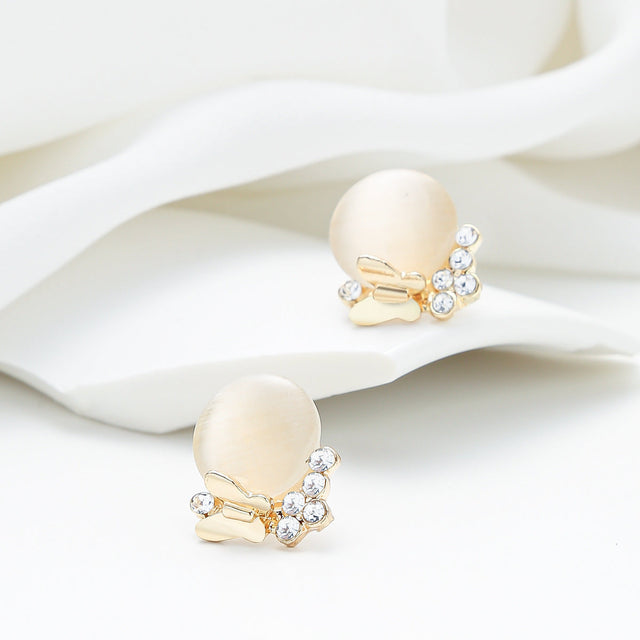 Butterfly-Shaped Copper Stud Earrings with Natural Cat's Eye Stone and Zircon Inlay for Women