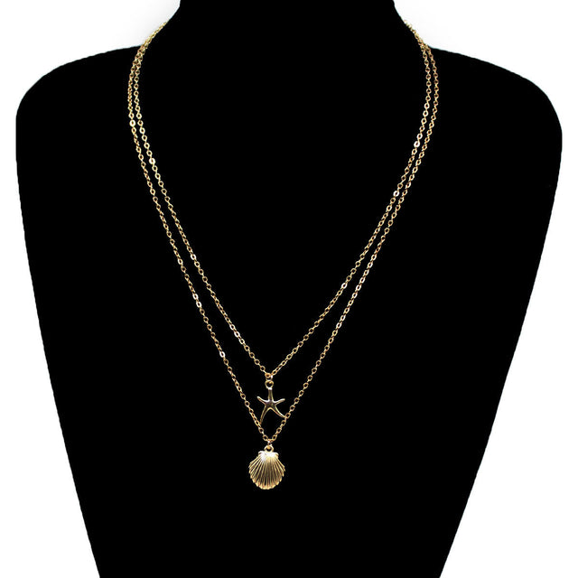 Shell Multi Layer Necklace for Women with Starfish Pendant Cross Chain Minimalist Fashion Clavicle Jewelry