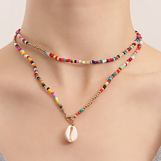 Bohemian Double-Layer Shell Pendant Necklace for Women with Geometric Design, Iron Alloy Chain, Electroplated Finish, Clavicle Length