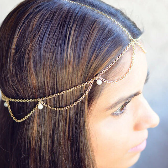 Bohemian Wave Fringe Pearl Hairband Headband for Women Alloy Hair Accessory Tartan Pattern Geometric Style