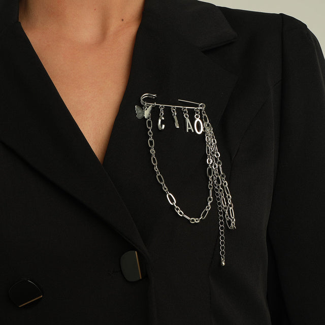 Fashion Butterfly-Shaped Alloy Brooch with 'Ciao' Letter Design for Women, Electroplated Decorative Pin
