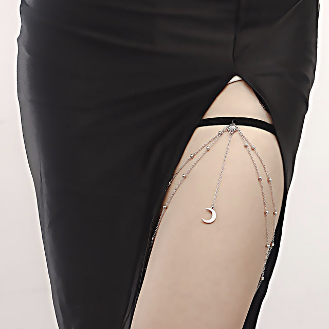 Geometric Moon Pendant Body Chain with Tassel Detail for Women Alloy Double-Layer Beaded Chain