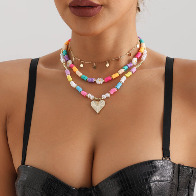 Bohemian Rainbow Polymer Clay Heart Pendant Necklace for Women with Electroplated Alloy and Multi-Layer Clavicle Chain