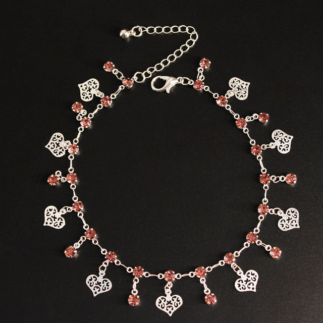 Beach Anklet for Women Heart-Shaped Copper Anklet with Rhinestone Inlay