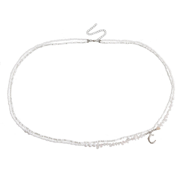 Bohemian White Beaded Moon-Shaped Waist Chain for Women Handwoven Double-Layer Crystal-Studded Summer Waist Jewelry