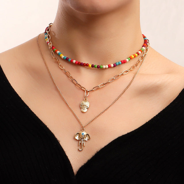 Bohemian Style Elephant Nose Pendant Necklace for Women with Geometric Shape Alloy Chain and Plated Finish