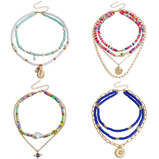 Bohemian Multilayer Polymer Clay Evil Eye Necklace for Women with Geometric Pendant, Alloy Chain, Electroplated Finish