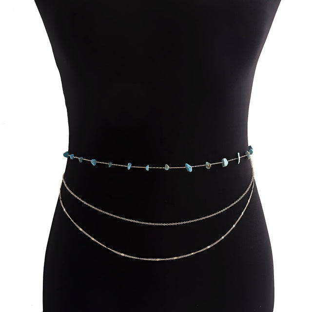 Bohemian Style Multi-Loop Waist Chain for Women Made of Metal with Natural Turquoise Accents